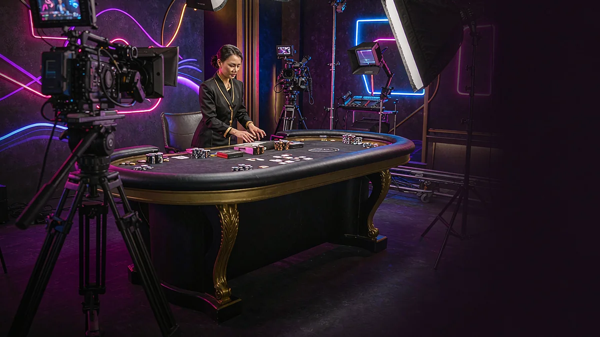 Camera and studio lighting facing a casino table — pak555 guidance Camera and studio lighting facing a casino table